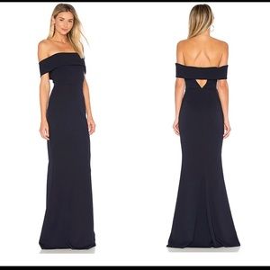Katie May Navy Legacy Off Shoulder Trumpet gown
